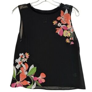 A New Day Womens Tank Top‎ Black Sleeveless Floral Print Sheer Overlay Resort S
